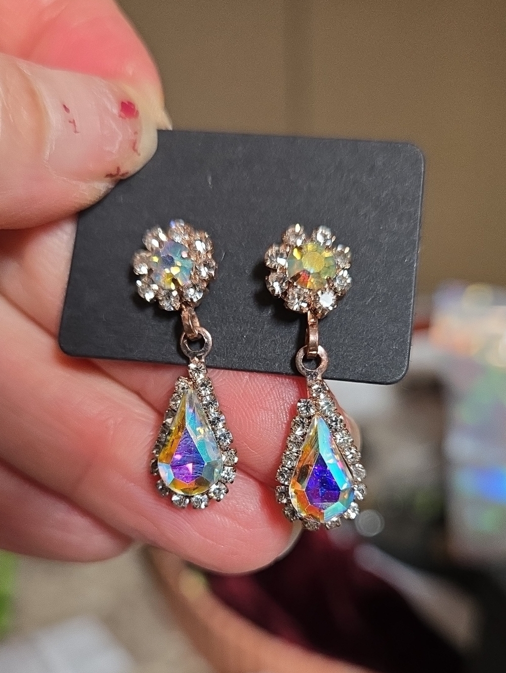 Vintage Iridescent AB Crystal Rainbow Color Teardrop Drop Earrings - Picture 13 of 14